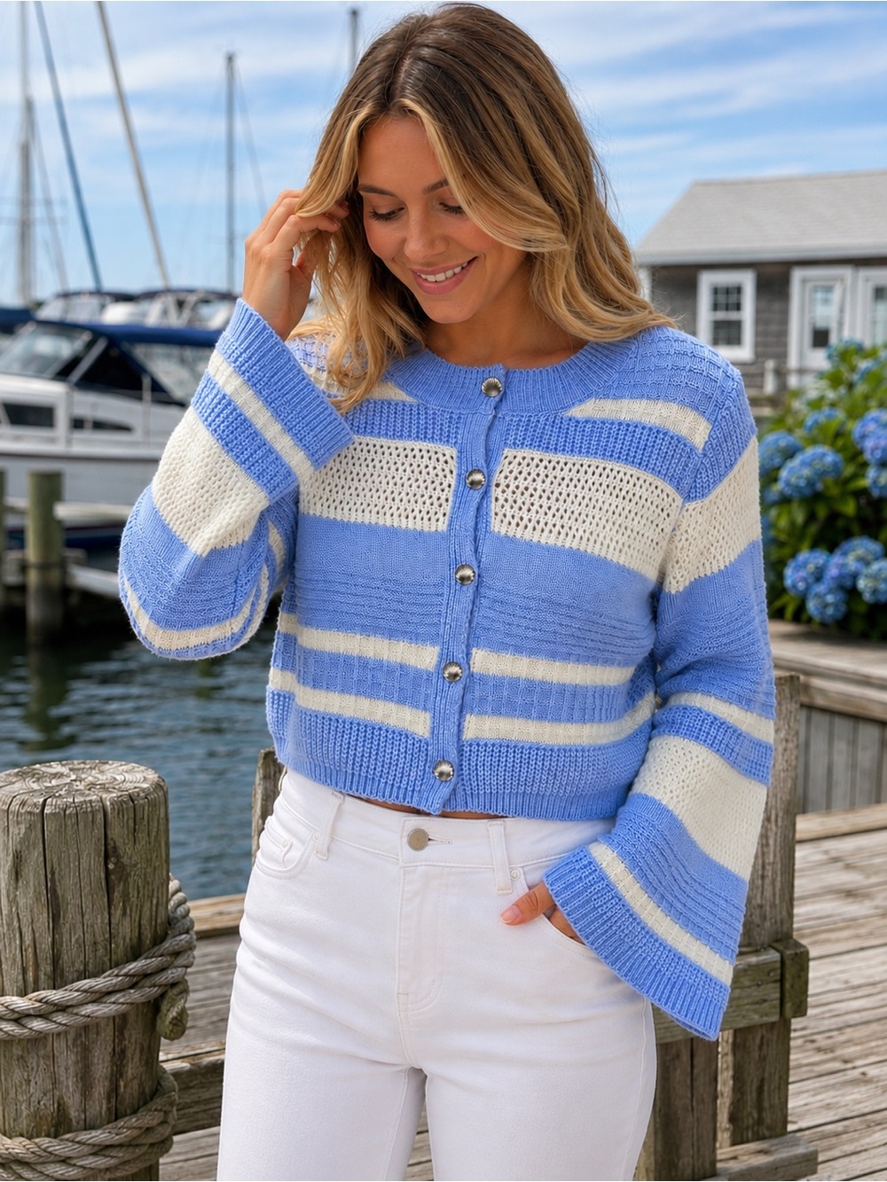 Altar’d State XL Blue White Cropped Cardigan Shell Button Coastal Sweater NWT